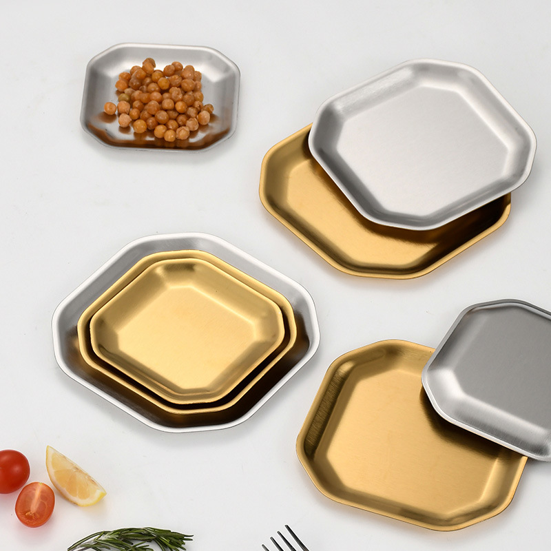 304 Korean-style stainless steel octagonal plate, square-shaped tableware, golden barbecue plate, kimchi plate, creative dish preparation plate details Picture