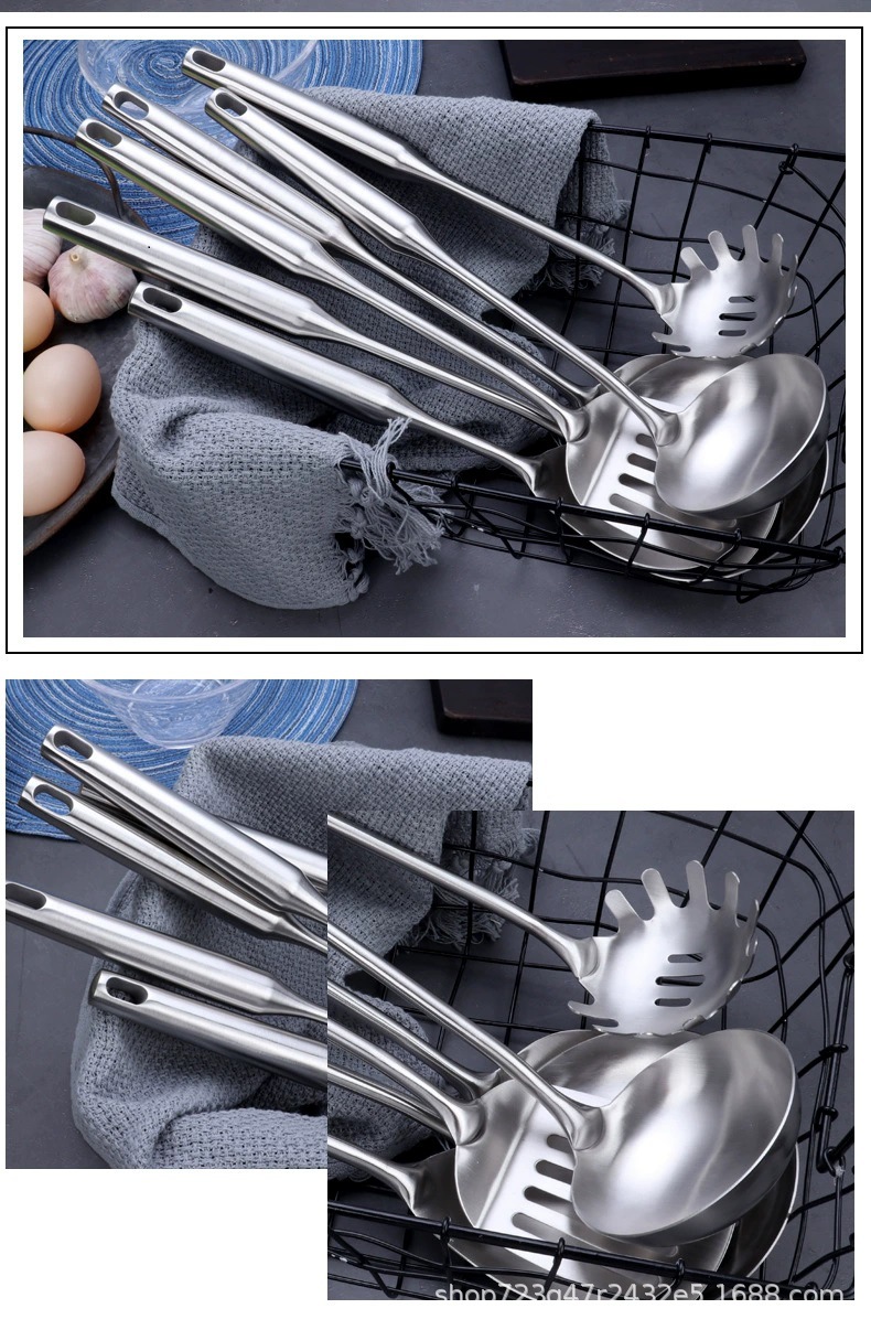 A six-piece set of 304 stainless steel round-handled kitchenware for household and hotel use, including soup spoons, strainers, cooking spoons, spatulas, and steaks pic 11