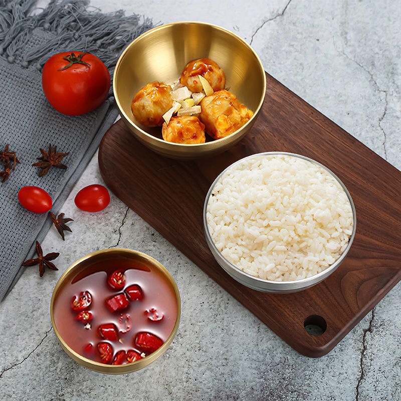 304 stainless steel Korean-style threaded bowl, household double-layer rice bowl, golden soup bowl, kindergarten, restaurant and snack bowl