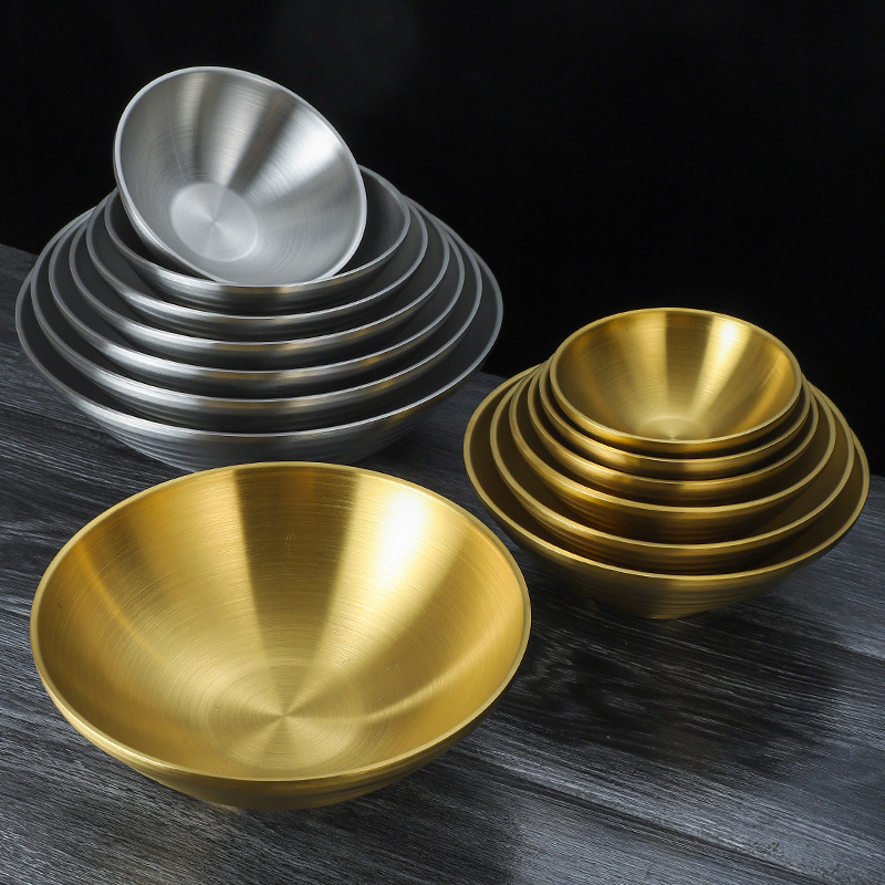 304 stainless steel Korean-style cold noodle bowl, mixed rice bowl, soup bowl, salad bowl, instant noodle golden large bowl, rice bowl, mixed noodle and bamboo hat bowl Specification image