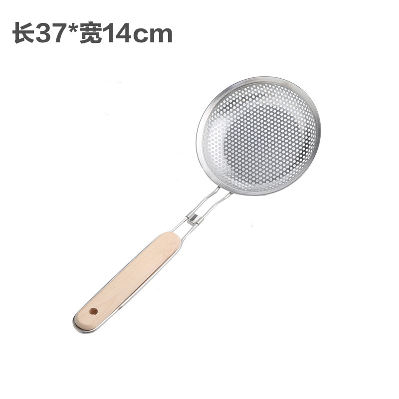 Household stainless steel strainer, small hole frying scoop, wooden handle, filter screen, multiple specifications, wall-mounted oil compartment Item Picture