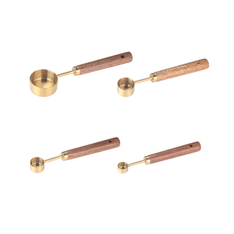 8-piece stainless steel measuring spoon and cup set, rose gold measuring spoon set with scale and acacia wood handle, measuring and baking tools Item Picture