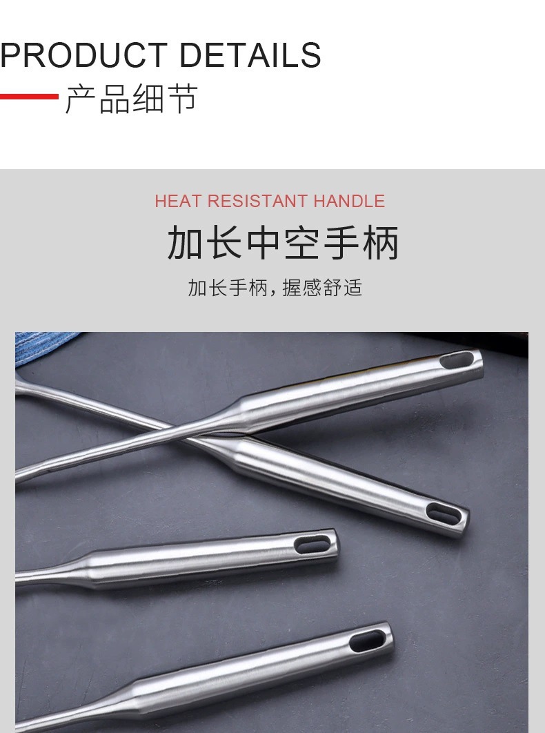 A six-piece set of 304 stainless steel round-handled kitchenware for household and hotel use, including soup spoons, strainers, cooking spoons, spatulas, and steaks pic 7