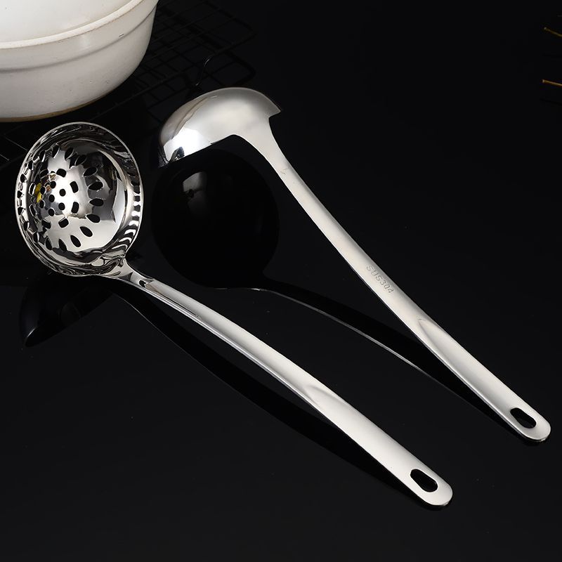 304 stainless steel soup spoon kitchenware set, household thickened long-handled hot pot spoon, restaurant strainer, kitchen cooking spoon Specification image