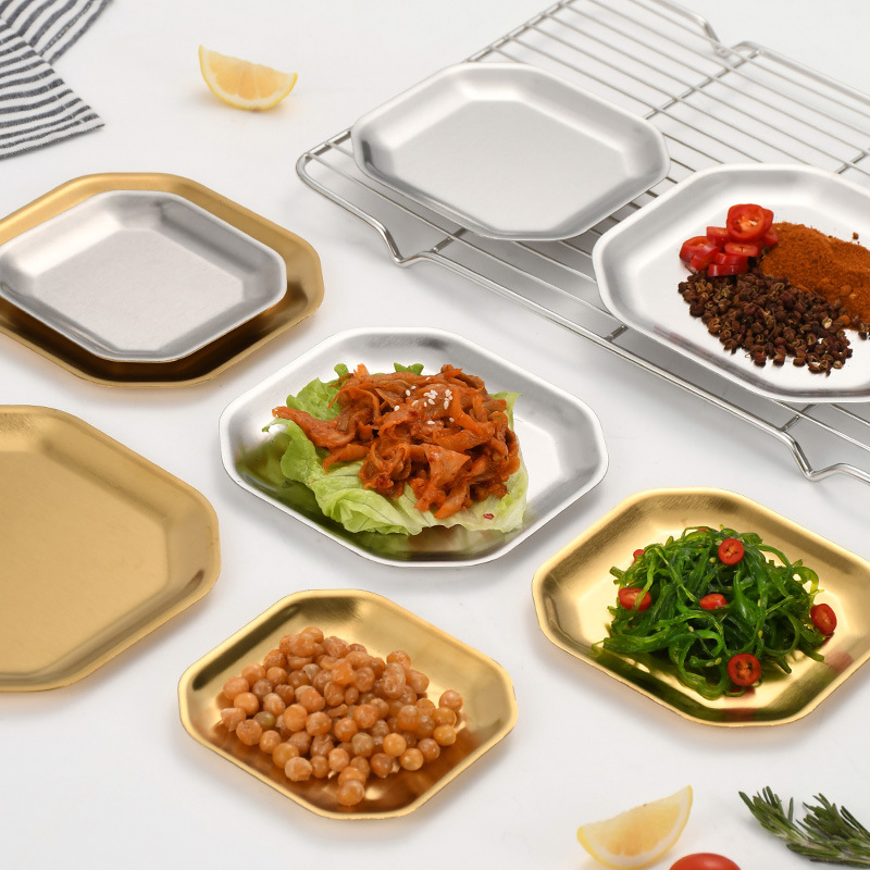 304 Korean-style stainless steel octagonal plate, square-shaped tableware, golden barbecue plate, kimchi plate, creative dish preparation plate