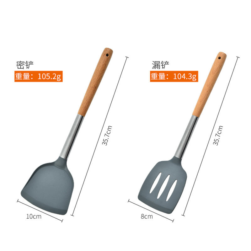 Beech wood tube handle silicone kitchenware set, 5-piece kitchen tool set, cooking spoon and spatula set kitchen details Picture