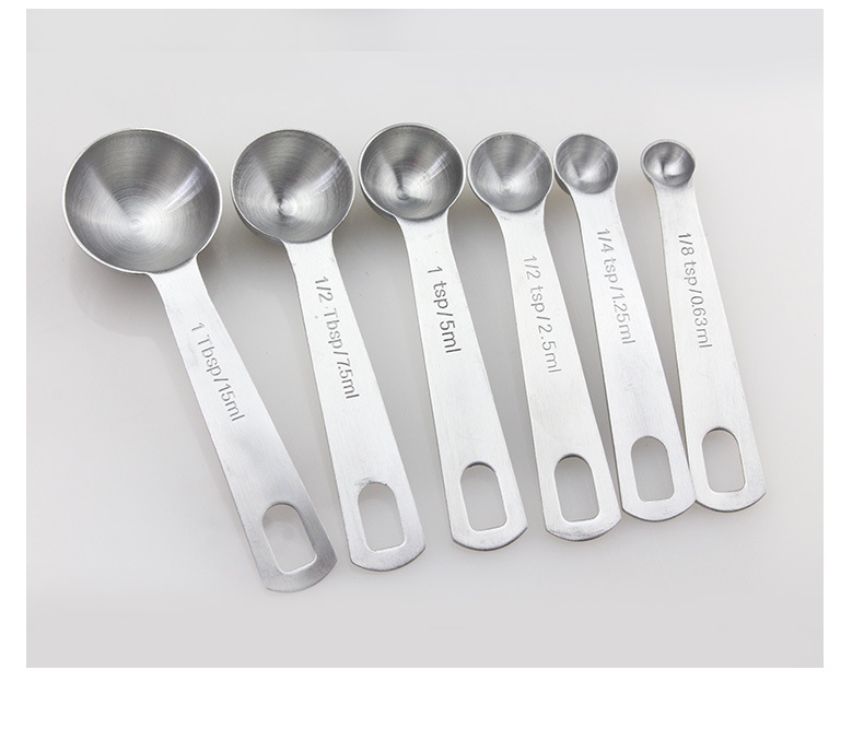 Six-piece set of sandblasted hook design measuring spoons, kitchen household baking double-scale measuring spoons, 430 stainless steel measuring spoons pic 13