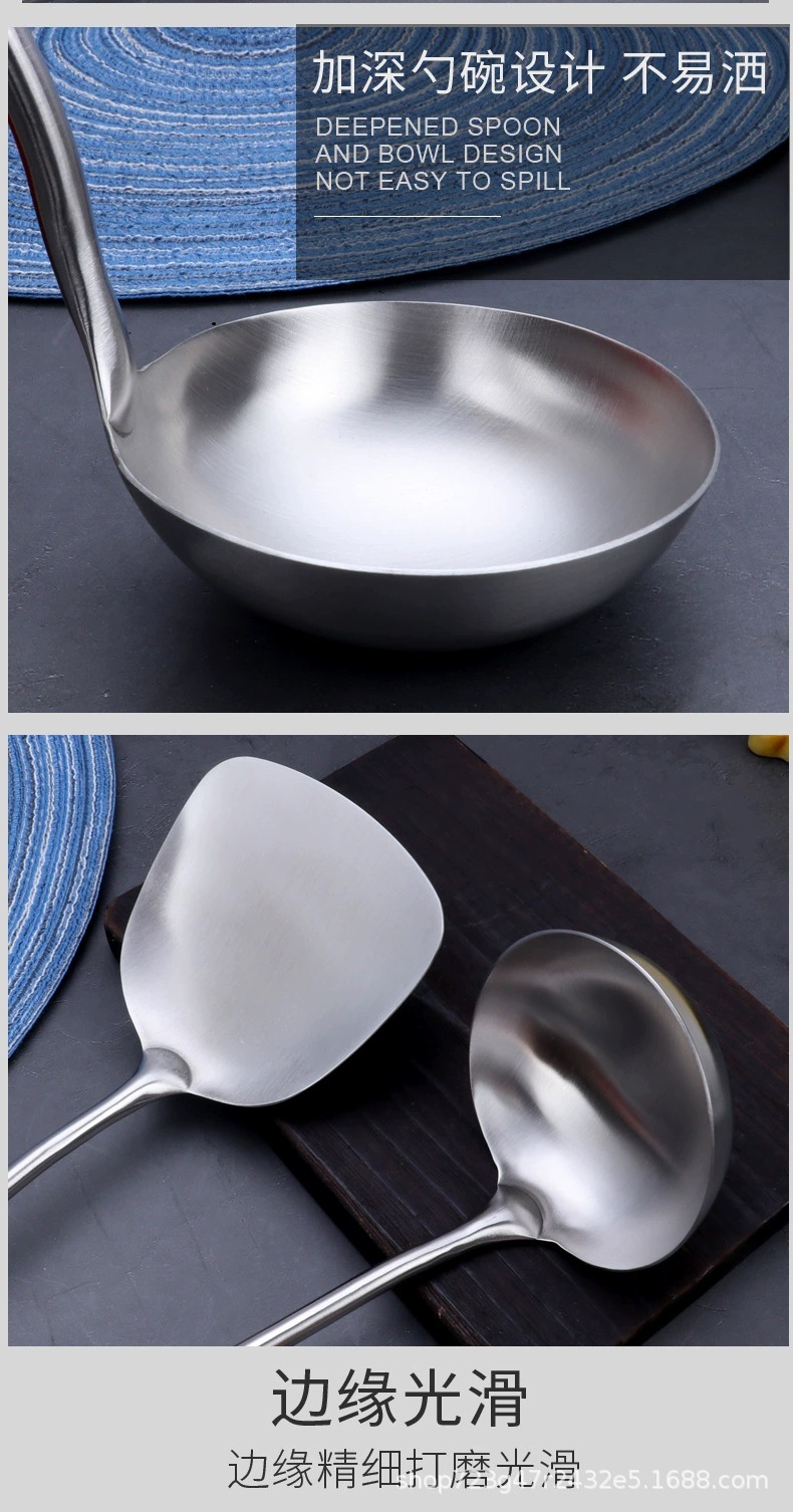 A six-piece set of 304 stainless steel round-handled kitchenware for household and hotel use, including soup spoons, strainers, cooking spoons, spatulas, and steaks pic 8