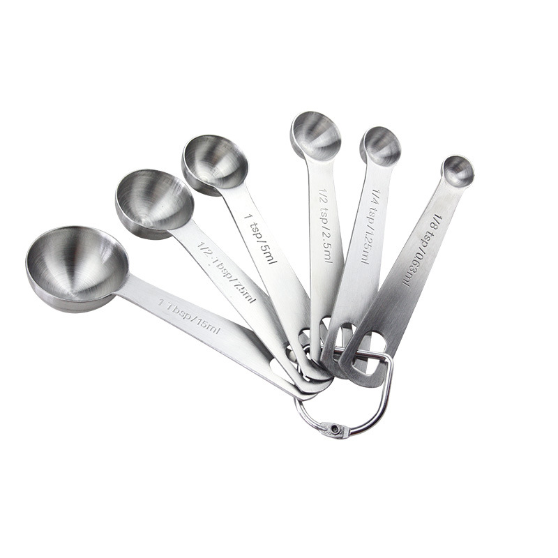 Six-piece set of sandblasted hook design measuring spoons, kitchen household baking double-scale measuring spoons, 430 stainless steel measuring spoons Application Scenario