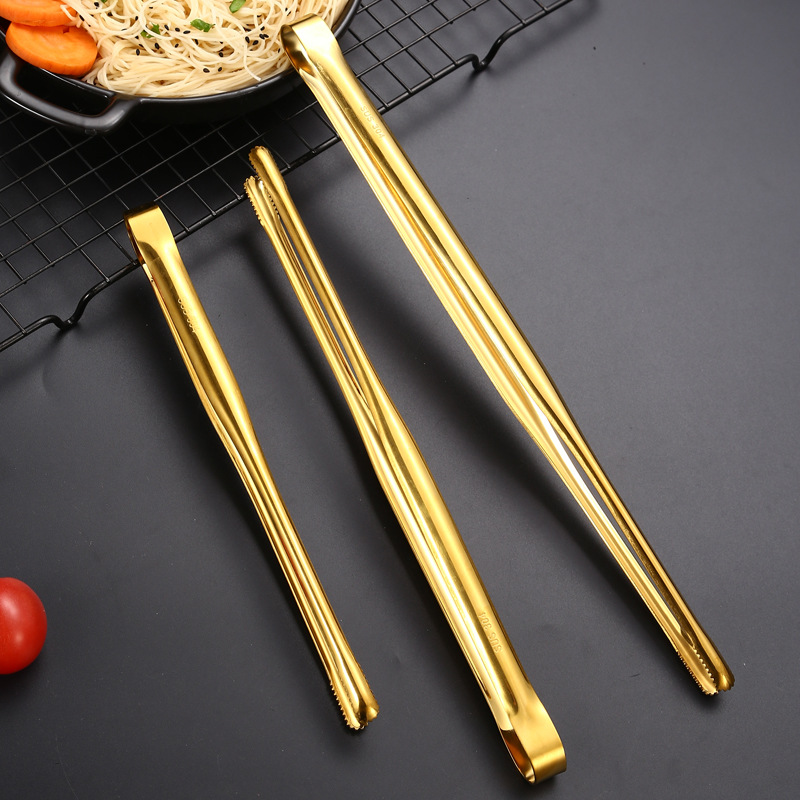 304 stainless steel Korean buffet barbecue tongs, thickened steak tongs, ice tongs, golden extended barbecue food tongs