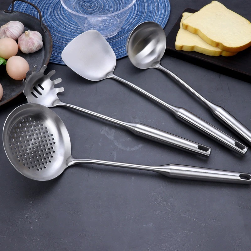 A six-piece set of 304 stainless steel round-handled kitchenware for household and hotel use, including soup spoons, strainers, cooking spoons, spatulas, and steaks details Picture