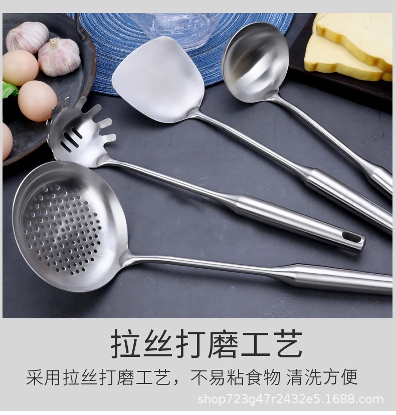 A six-piece set of 304 stainless steel round-handled kitchenware for household and hotel use, including soup spoons, strainers, cooking spoons, spatulas, and steaks pic 9