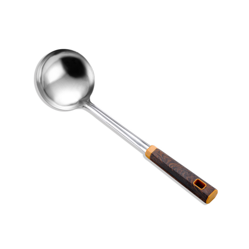 Wholesale household stainless steel spatulas, thickened soup spoons, kitchen chef's cooking and stir-frying spatulas, auspicious wood grain handles Application Scenario