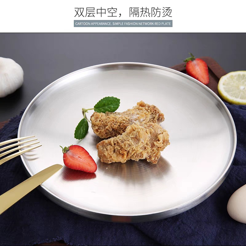 304 stainless steel round plate, double-layer anti-scald vegetable plate, golden dinner plate, fruit plate, flat plate, Korean barbecue plate, tableware details Picture