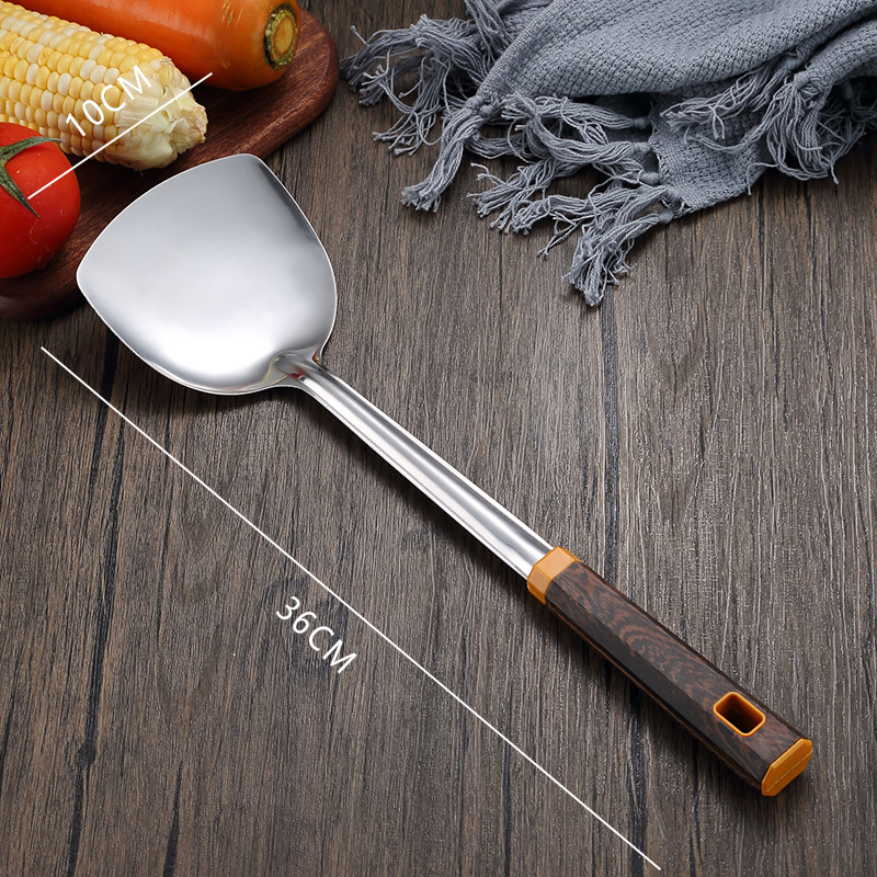 Wholesale household stainless steel spatulas, thickened soup spoons, kitchen chef's cooking and stir-frying spatulas, auspicious wood grain handles Item Picture