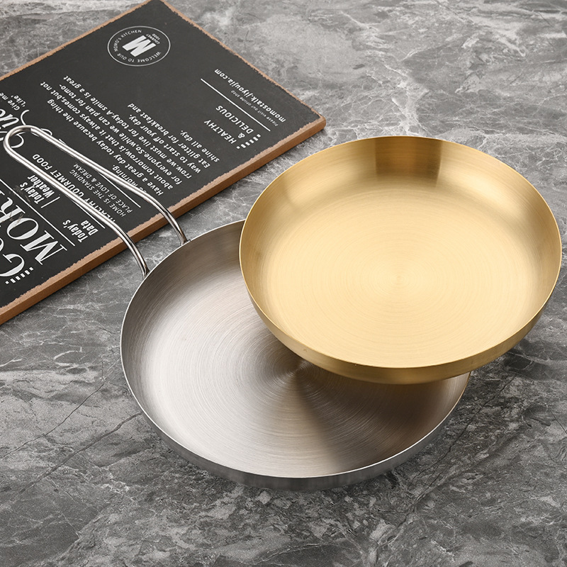 Creative snack plates with handles, stainless steel golden dessert plates, commercial Western-style steak plates, barbecue plates, flat plates and vegetable plates