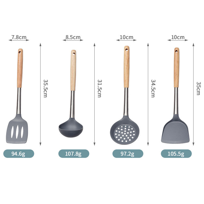 A 4-piece set of large grey wood-handled silicone spatula, a kitchenware set specially designed for non-stick cooking pans with silicone spatula and spoons Specification image