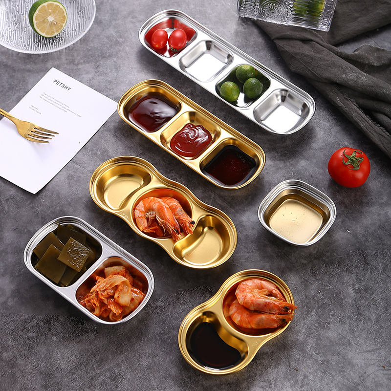 304 stainless steel flavor dish, golden dipping sauce dish, restaurant hot pot seasoning, Korean dish, sauce dish, barbecue tableware with multiple compartments details Picture