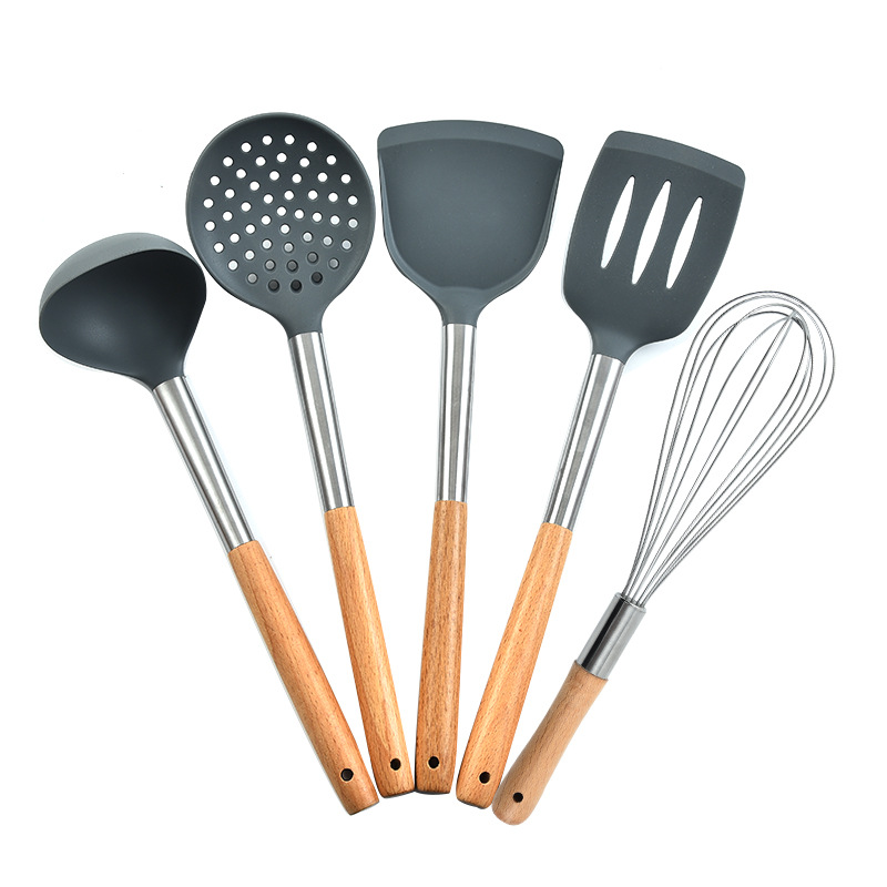 Beech wood tube handle silicone kitchenware set, 5-piece kitchen tool set, cooking spoon and spatula set kitchen Application Scenario