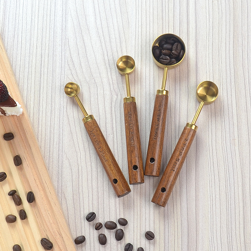 8-piece stainless steel measuring spoon and cup set, rose gold measuring spoon set with scale and acacia wood handle, measuring and baking tools details Picture
