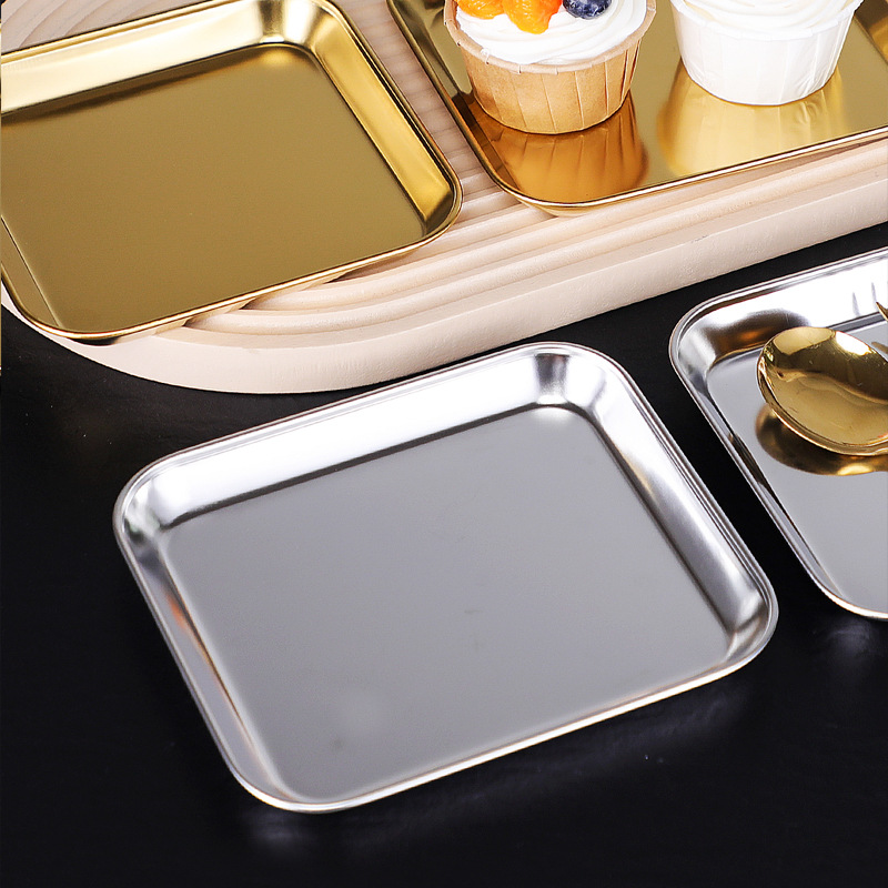 304 Korean-style grilled meat dessert tray, rectangular golden flat plate, creative flat base, dessert plate, snack and vegetable plate Specification image
