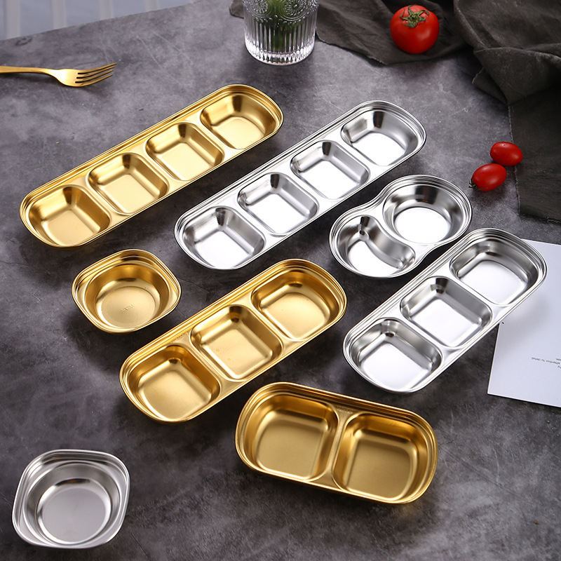 304 stainless steel flavor dish, golden dipping sauce dish, restaurant hot pot seasoning, Korean dish, sauce dish, barbecue tableware with multiple compartments Specification image