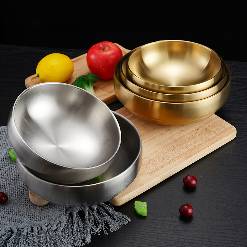 Korean-style stainless steel double-layer cold noodle bowl, mixed rice bowl, rice bowl, screw powder ramen bowl, instant noodle bowl, large soup bowl, gold details Picture