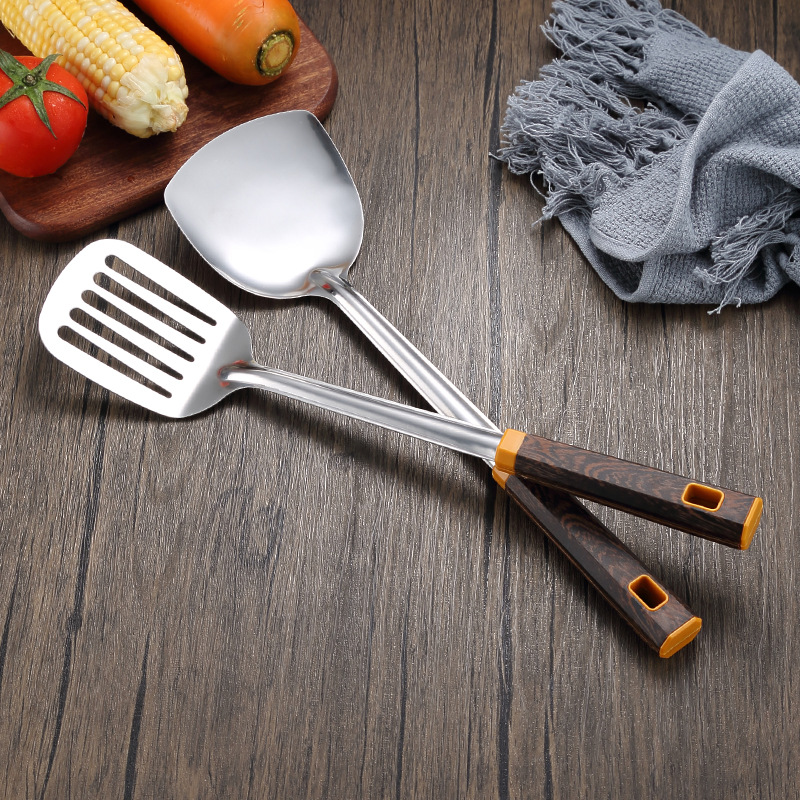 Wholesale household stainless steel spatulas, thickened soup spoons, kitchen chef's cooking and stir-frying spatulas, auspicious wood grain handles Specification image