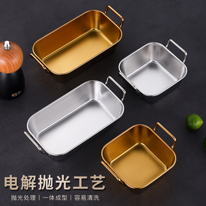 Korean-style stainless steel snack plate, double-ear kimchi plate, cold dish plate, French fries, fried chicken, grilled meat plate, golden pastry plate details Picture