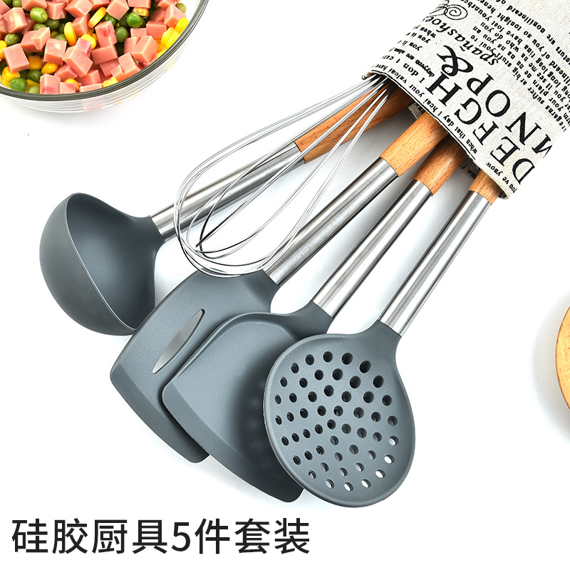 Beech wood tube handle silicone kitchenware set, 5-piece kitchen tool set, cooking spoon and spatula set kitchen