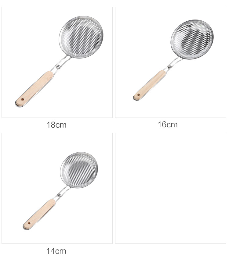 Household stainless steel strainer, small hole frying scoop, wooden handle, filter screen, multiple specifications, wall-mounted oil compartment pic 10
