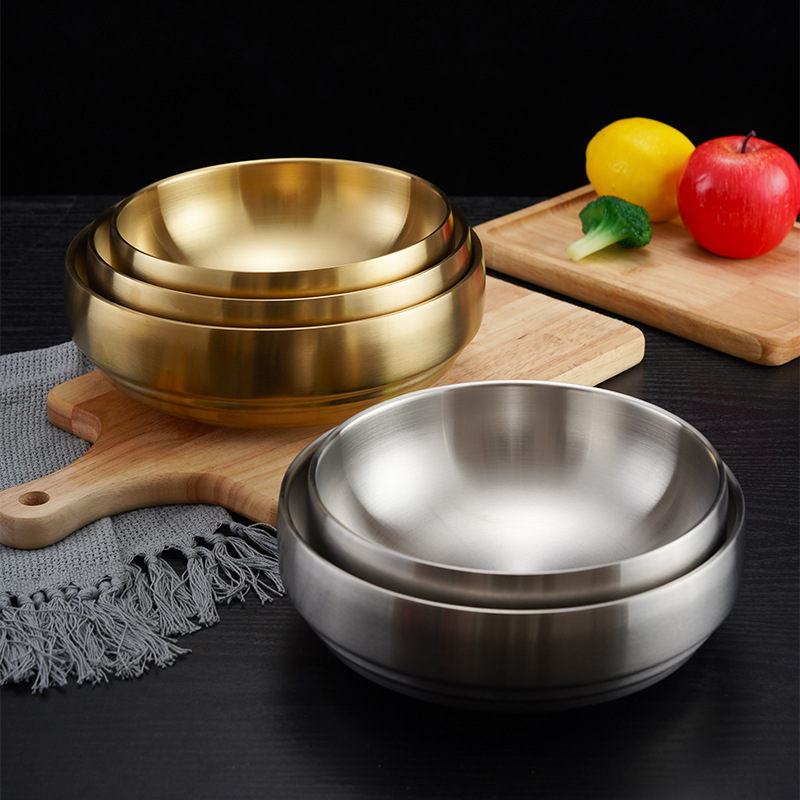 Korean-style stainless steel double-layer cold noodle bowl, mixed rice bowl, rice bowl, screw powder ramen bowl, instant noodle bowl, large soup bowl, gold