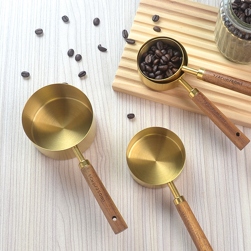 8-piece stainless steel measuring spoon and cup set, rose gold measuring spoon set with scale and acacia wood handle, measuring and baking tools
