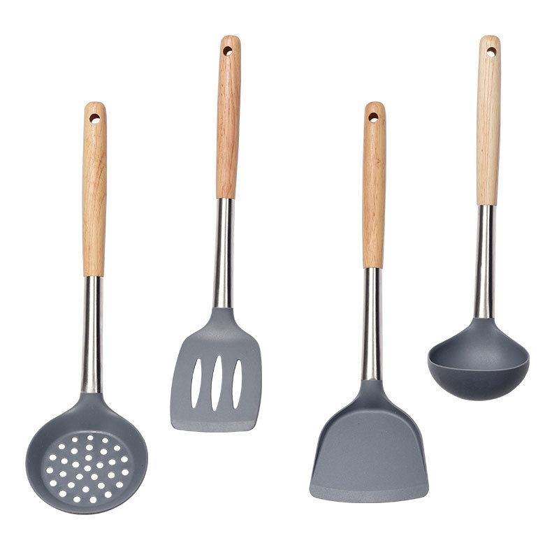 A 4-piece set of large grey wood-handled silicone spatula, a kitchenware set specially designed for non-stick cooking pans with silicone spatula and spoons Application Scenario