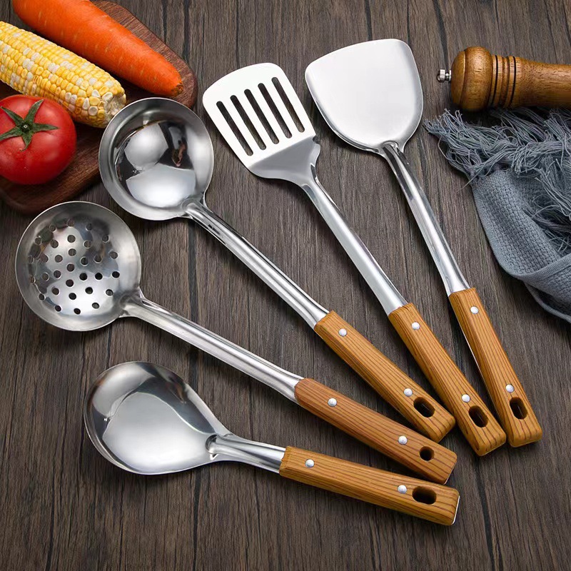 Stainless steel wooden-handled stir-frying spoon, kitchen stir-frying spatula, thickened pot spatula, kitchen cooking wooden-handled set stir-frying spoon and spatula pic 1
