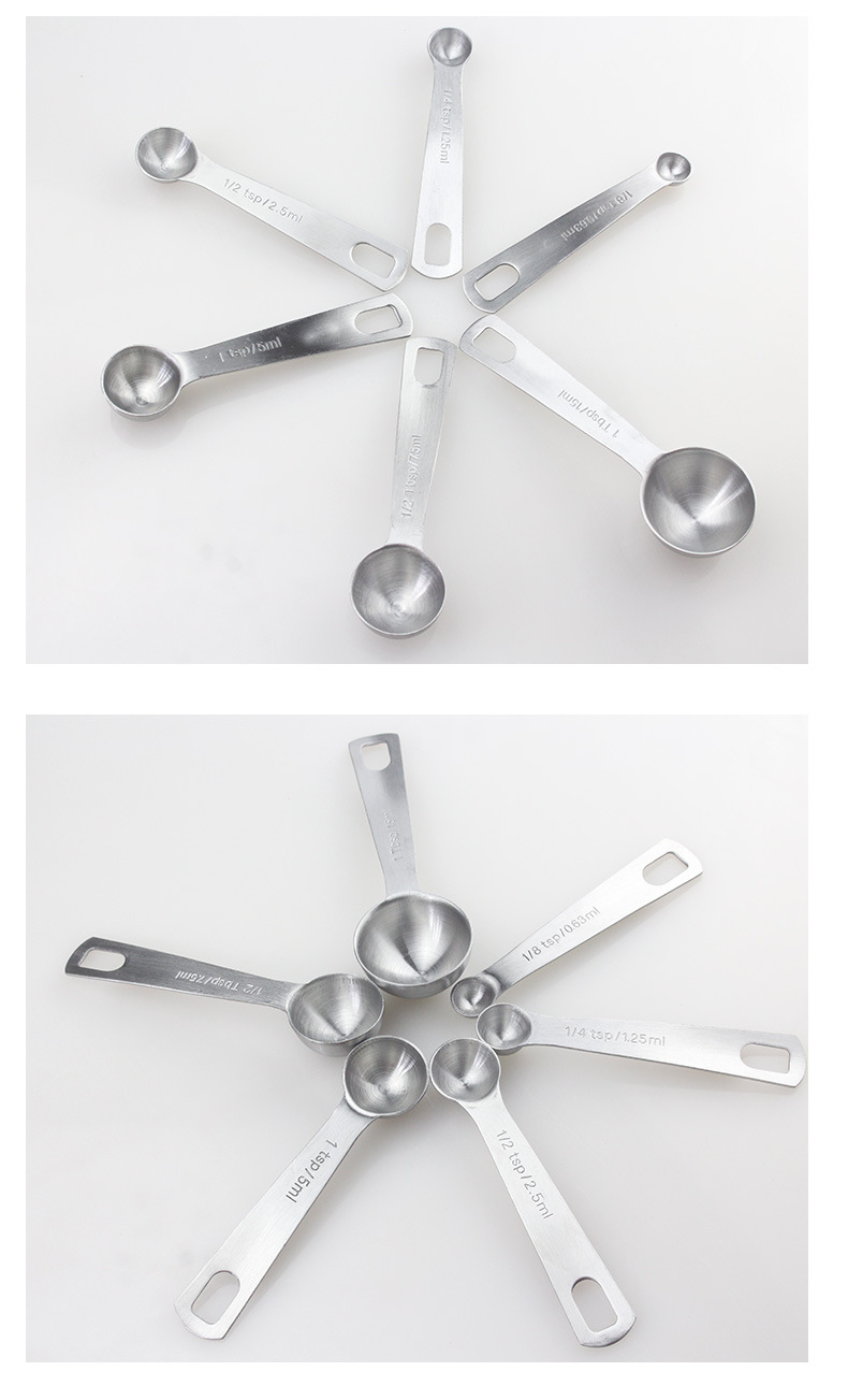 Six-piece set of sandblasted hook design measuring spoons, kitchen household baking double-scale measuring spoons, 430 stainless steel measuring spoons pic 12