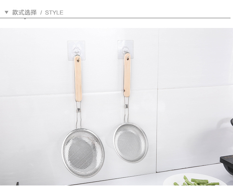 Household stainless steel strainer, small hole frying scoop, wooden handle, filter screen, multiple specifications, wall-mounted oil compartment pic 9