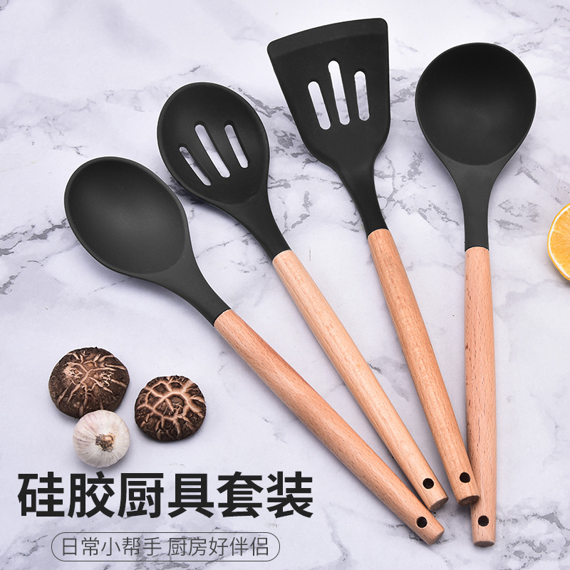 硅胶厨具12件套不粘锅烹饪锅铲勺收纳桶kitchen木柄硅胶厨具套装
