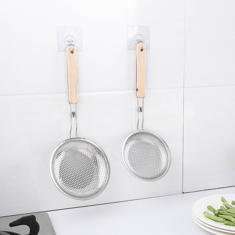 Household stainless steel strainer, small hole frying scoop, wooden handle, filter screen, multiple specifications, wall-mounted oil compartment Specification image