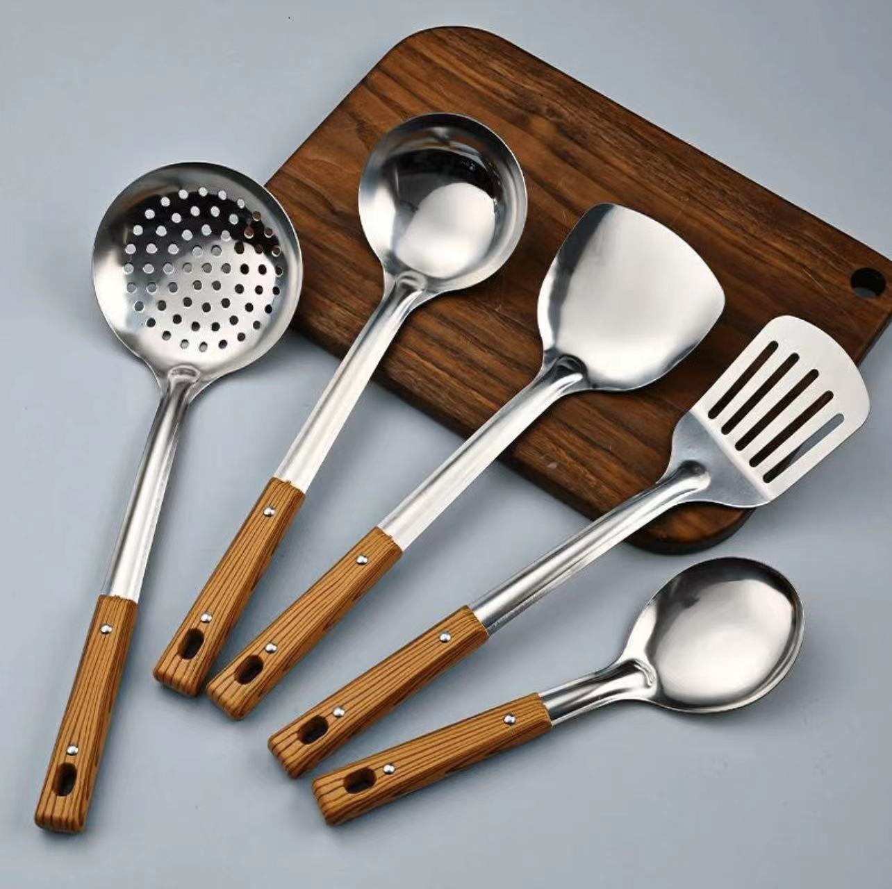 Stainless steel wooden-handled stir-frying spoon, kitchen stir-frying spatula, thickened pot spatula, kitchen cooking wooden-handled set stir-frying spoon and spatula pic 7