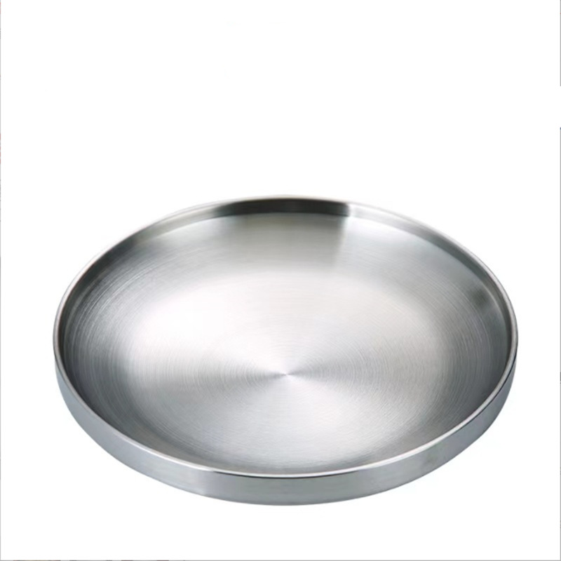 304 stainless steel round plate, double-layer anti-scald vegetable plate, golden dinner plate, fruit plate, flat plate, Korean barbecue plate, tableware Item Picture
