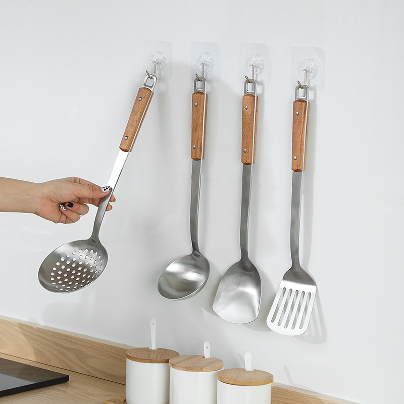 304 stainless steel spatula, cooking spatula, household wooden handle, soup spoon, strainer, kitchenware, high-temperature resistant, beech wood anti-heat handle