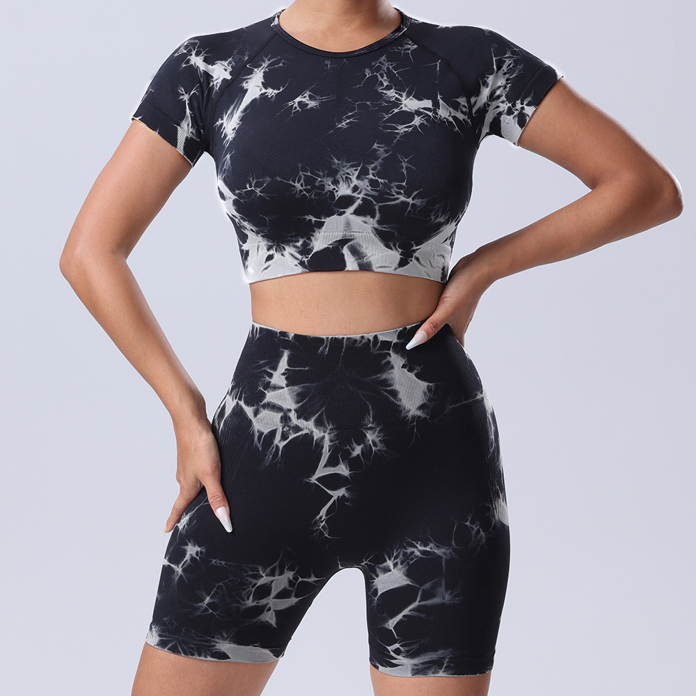 欧美跨境新品扎染瑜伽服套装提臀速干运动健身扎染短袖短裤两件套细节图