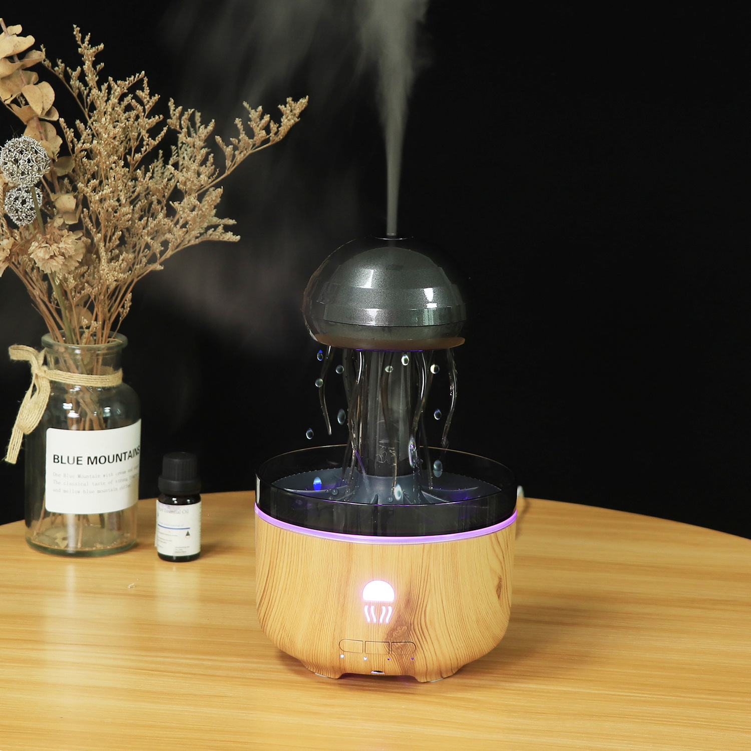 超声波雾化蘑菇香薰机深浅木纹喷雾仿水母旋转下雨氛围彩灯加湿器香熏机详情8