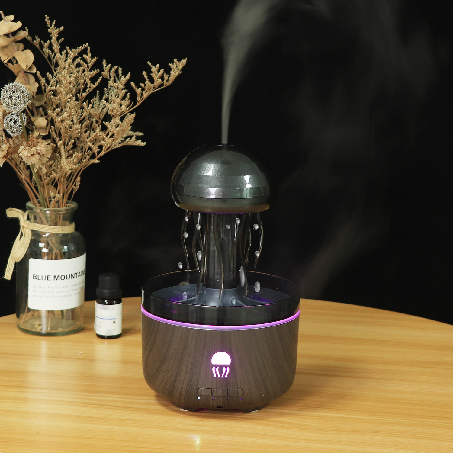 超声波雾化蘑菇香薰机深浅木纹喷雾仿水母旋转下雨氛围彩灯加湿器香熏机详情16