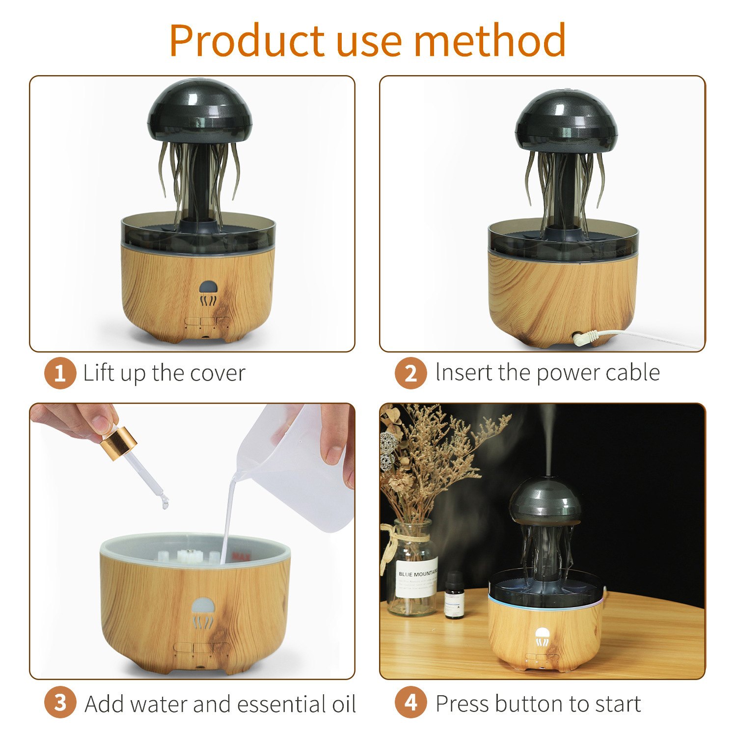 超声波雾化蘑菇香薰机深浅木纹喷雾仿水母旋转下雨氛围彩灯加湿器香熏机详情10