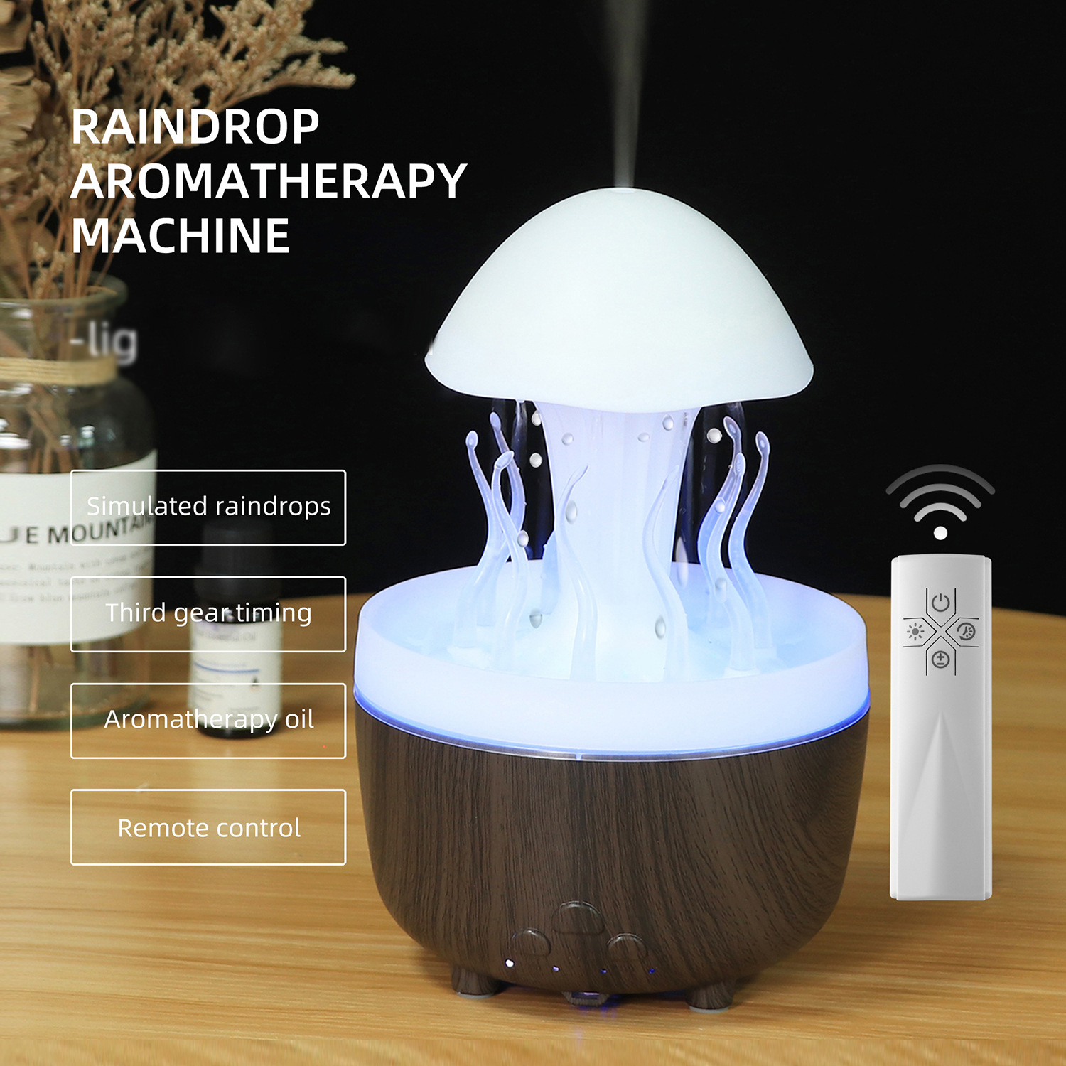 Medusa lluvia rotary humidificador siete luces de color atomización ultrasónica gotas de lluvia humidificación nube lluvia setas aromaterapia humidificador máquina de aroma