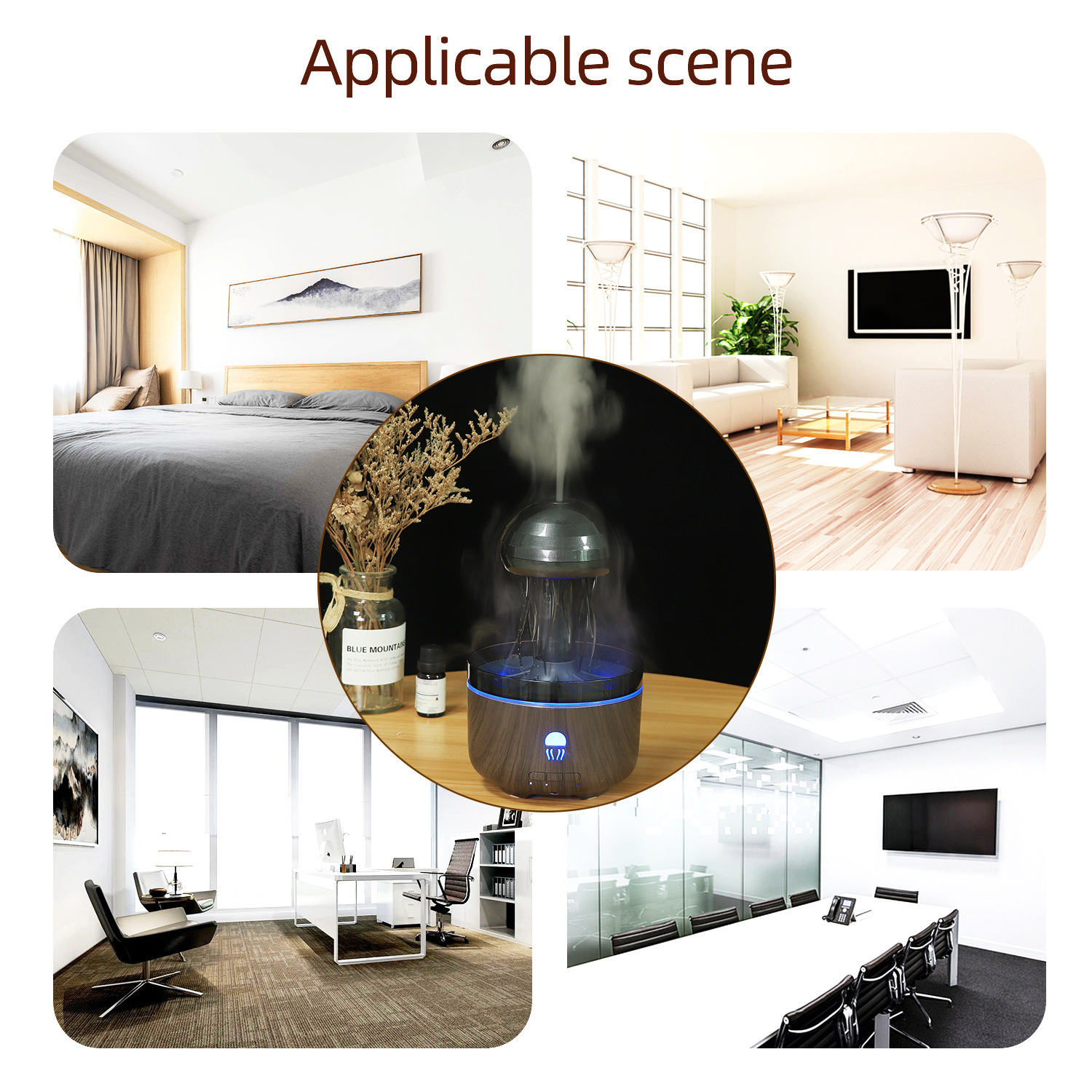 超声波雾化蘑菇香薰机深浅木纹喷雾仿水母旋转下雨氛围彩灯加湿器香熏机详情17