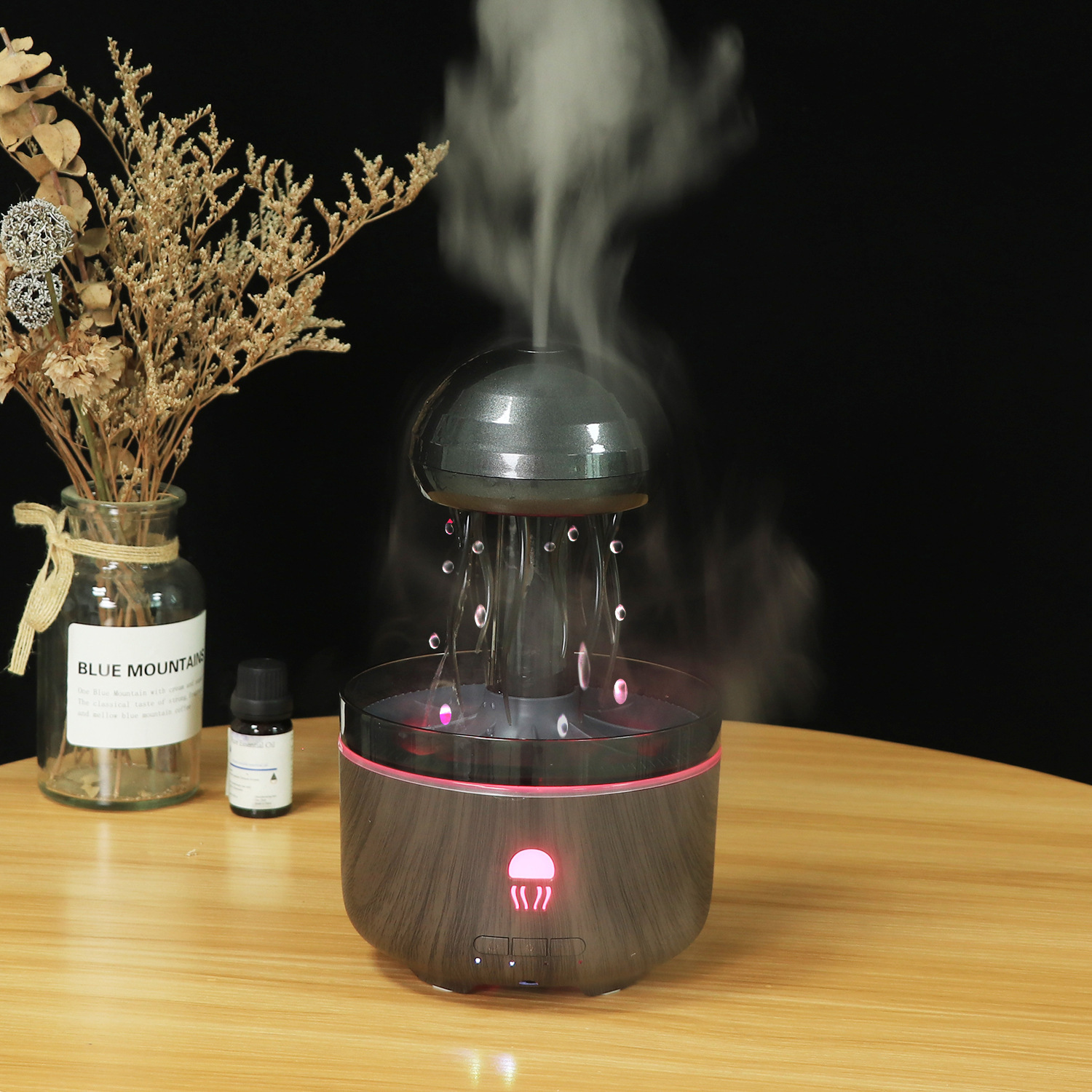超声波雾化蘑菇香薰机深浅木纹喷雾仿水母旋转下雨氛围彩灯加湿器香熏机详情14