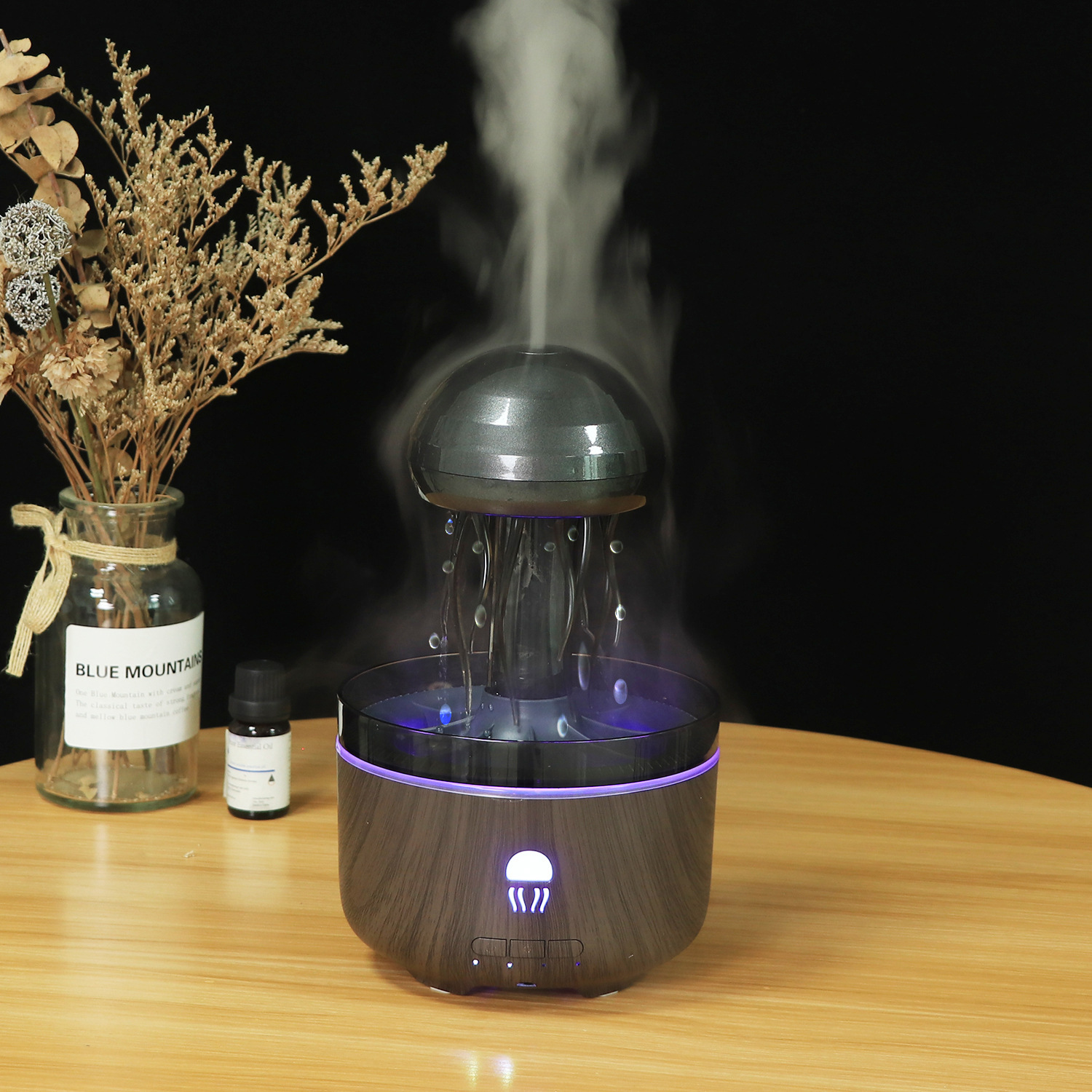 超声波雾化蘑菇香薰机深浅木纹喷雾仿水母旋转下雨氛围彩灯加湿器香熏机详情15